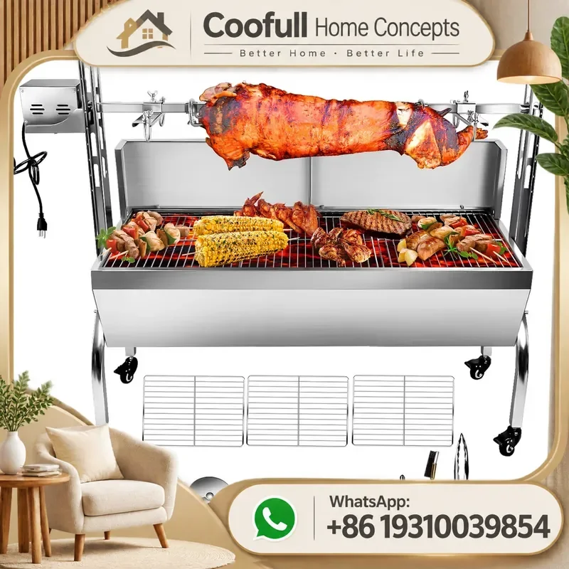 Portable Stainless Steel Outdoor Rotisserie Bbq Grill Spit Roaster For Whole Pig Lamb Charcoal Grilling Camping Party