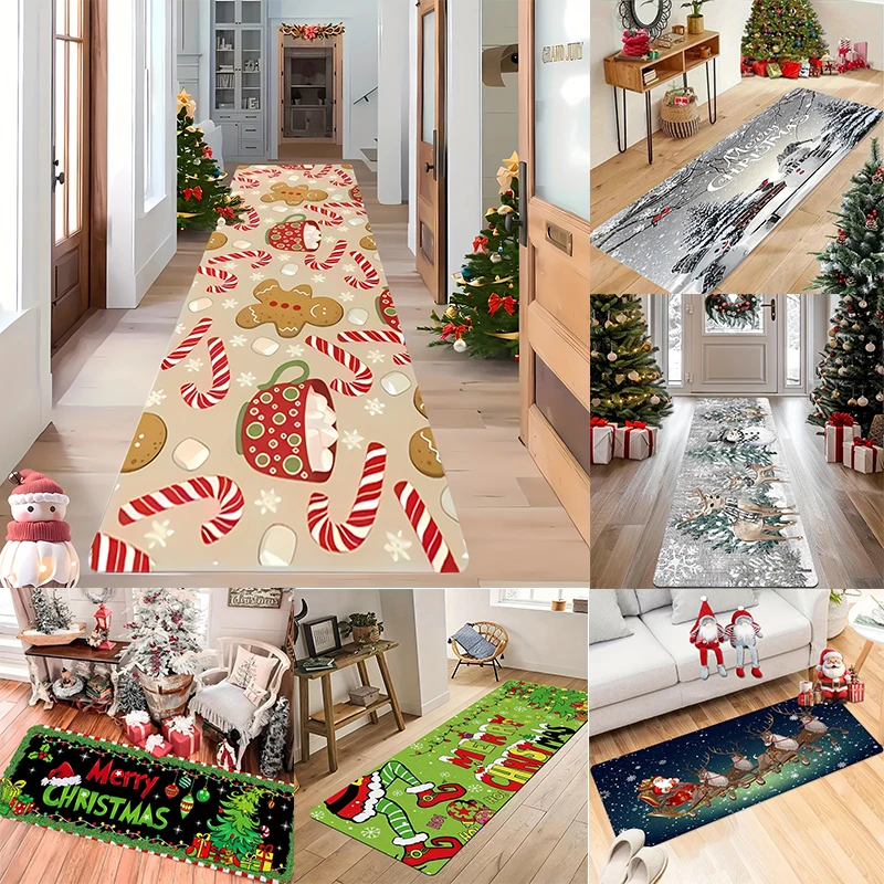 Assorted Xmas Themed Long Floor Runner Rug Festive Winter Santa Deer Gingerbread Elf Printed Decor Mat for Indoor Walkway Space