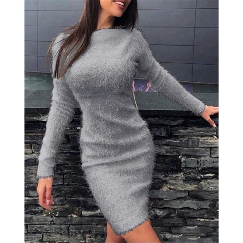 Jesienno-zimowa z okrągłym dekoltem elegancka modna pluszowa szata damska jednokolorowa Mini sukienka damska z długim rękawem gruba ciepła westydo