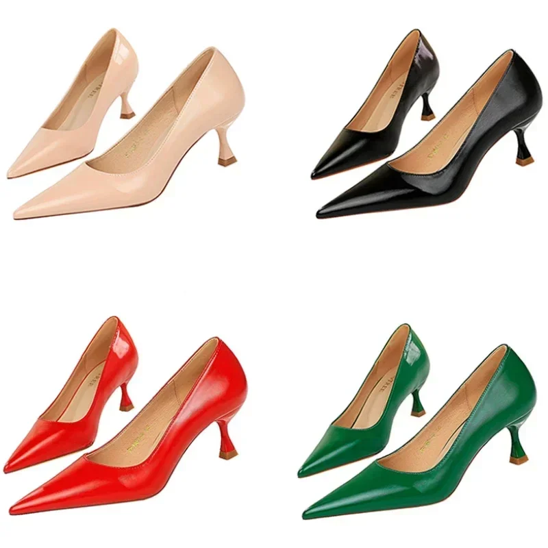 Women Lightweight 5.5cm High Heels Elegant Concise Mom Pumps Lady Daily Office Pointed Toe Glossy Leather Shoes Plus Size 34-43