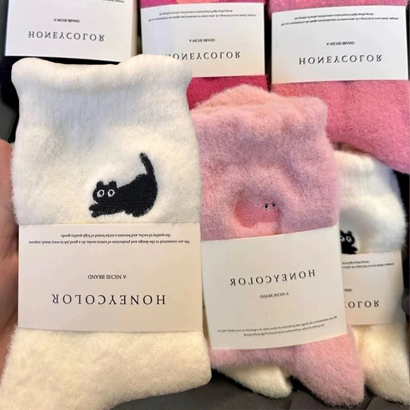 Calcetines de terciopelo de visón suave para mujer, medias gruesas de gato lindo, simples y acogedoras, peludas, cálidas, accesorios para dormir, invierno, nueva moda