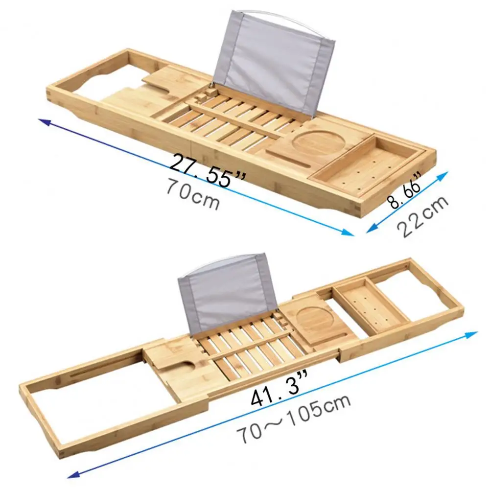 Bamboo Bath Tray with Wine Glass Holder Non-Slip Handle Adjustable Bath Shelf Multi-functional Book Stand Bathroom Organizer