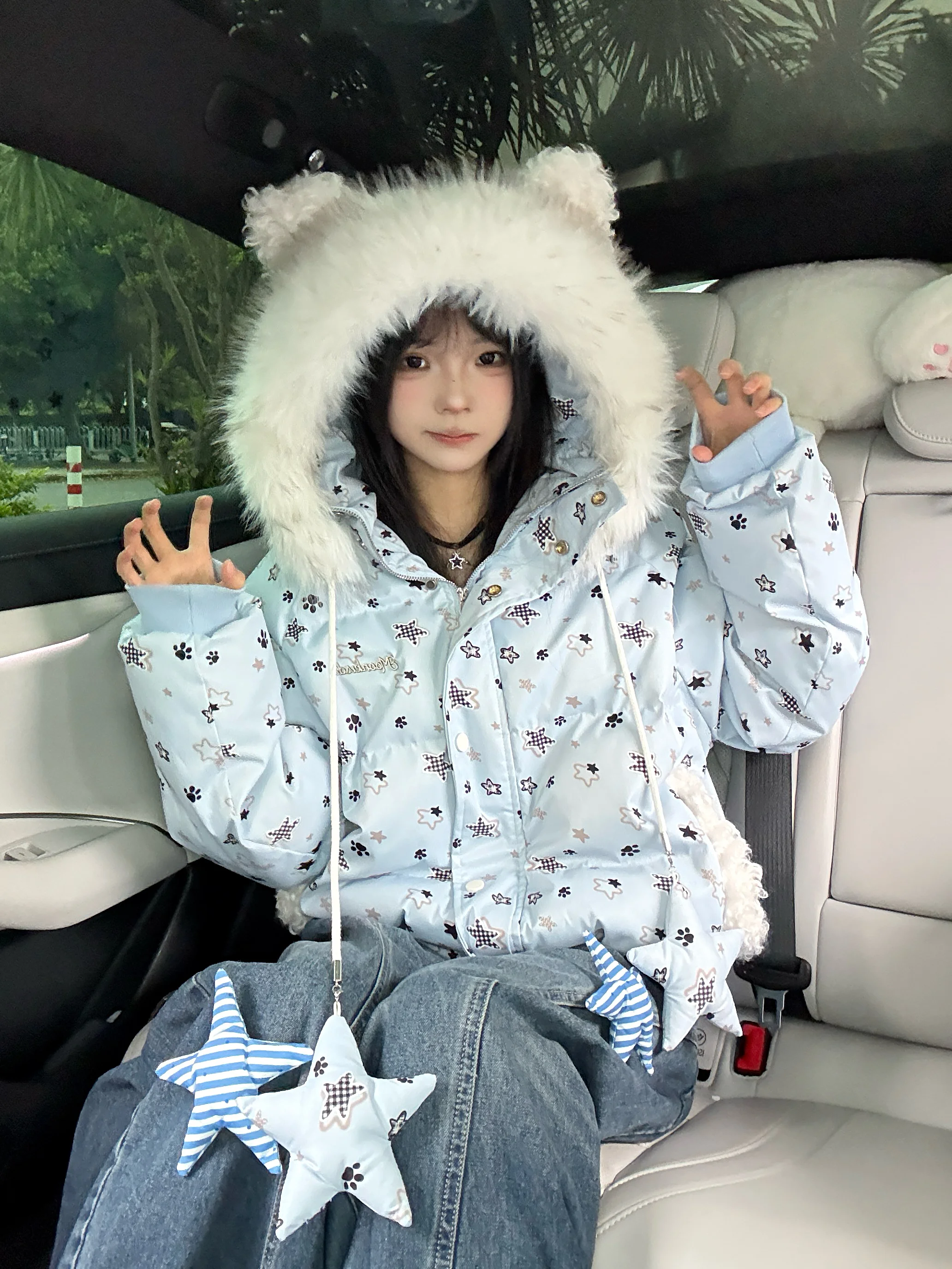 

Женская теплая куртка с капюшоном и принтом медведя, утепленное пальто из полиэфирного волокна для школы, зимнее пальто