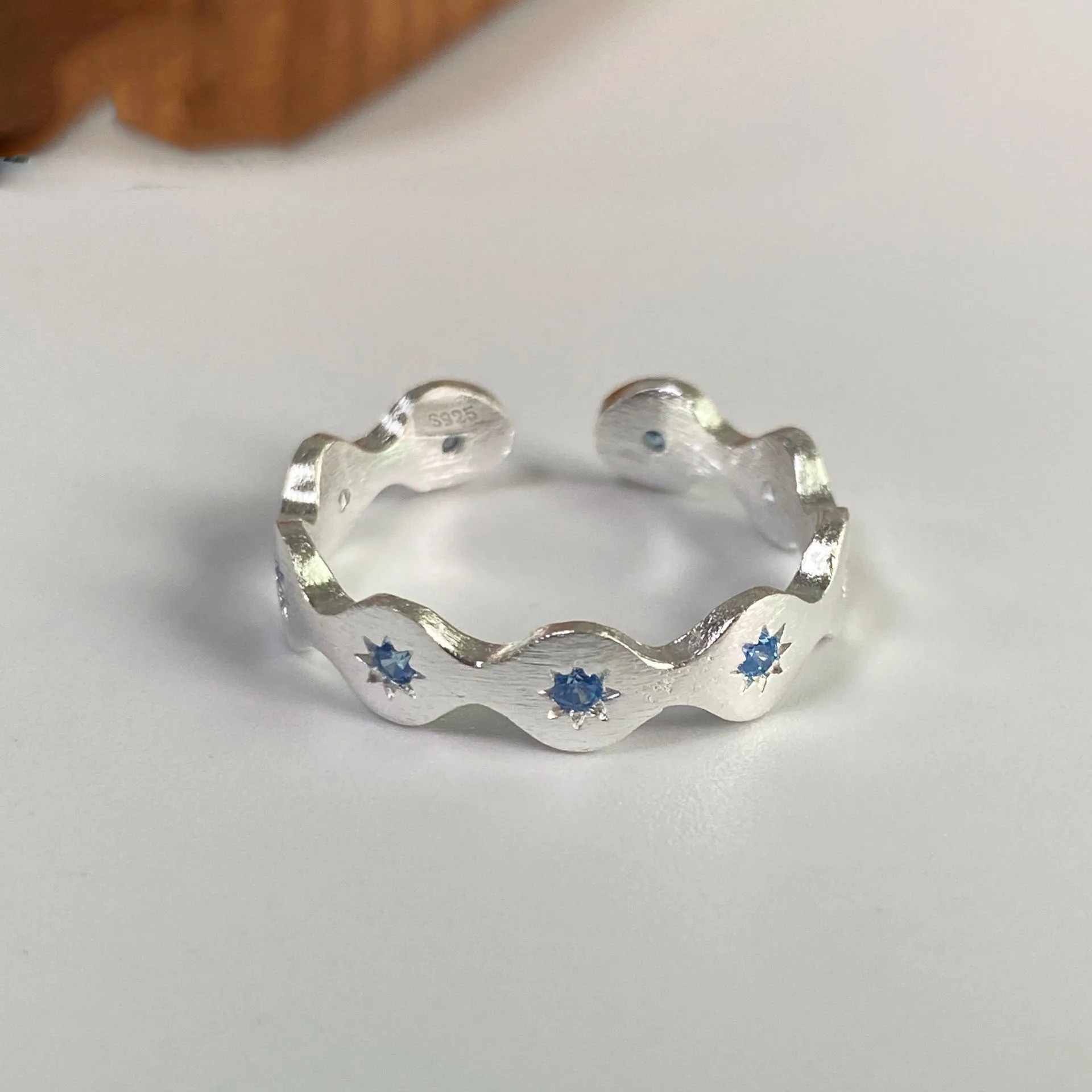 

925 Sterling Silver Rings For Women Handmade Adjustable Wave Blue Stone Ring Fashion Band Female Bijoux Gift