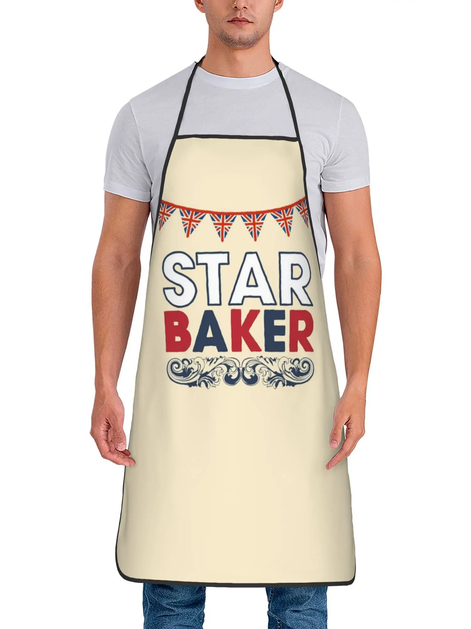 Star Baker Union Jack Bunting Scroll Print Cream Waterproof Apron For Home Baker Kitchen Baking BBQ Anti-oil Fun Protective Gift