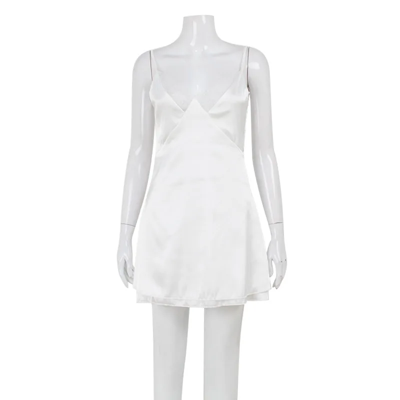 Sexy kanten satijnen mini-jurk met V-hals, elegante dames slip, rugloze mouwloze patchwork zijden korte jurken, witte zomerstrandtrip - afbeelding 2