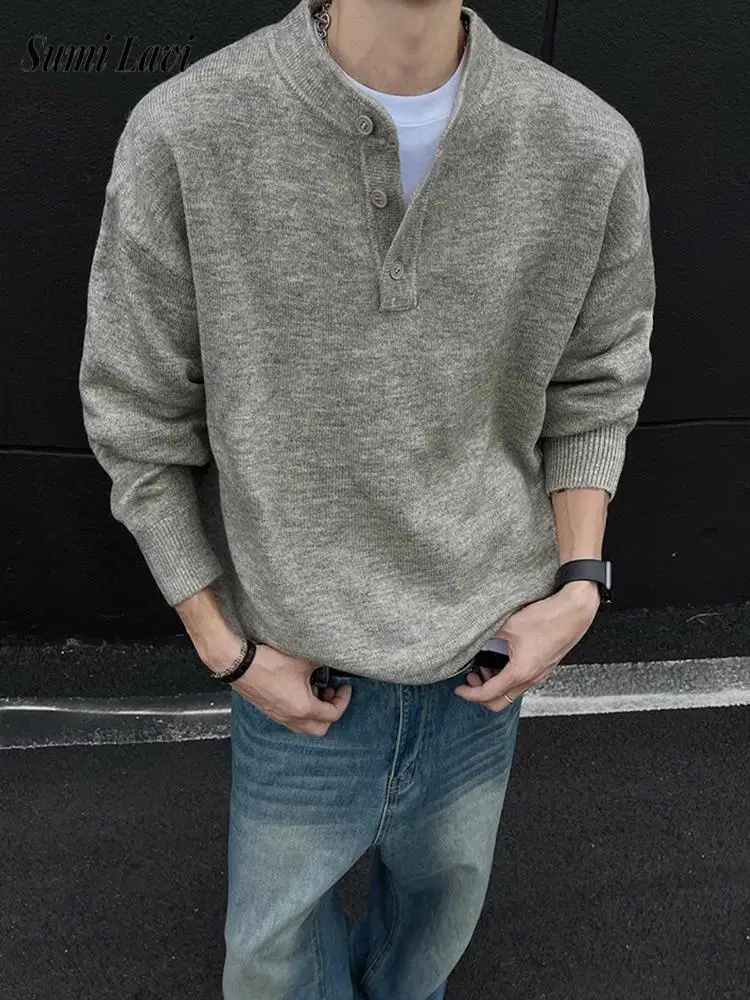 Fashionable Solid Color Mens Sweater Casual Crew Neck Button-up Knitting Pullover Tops For Men 2024 Fall Winter Casual Sweaters