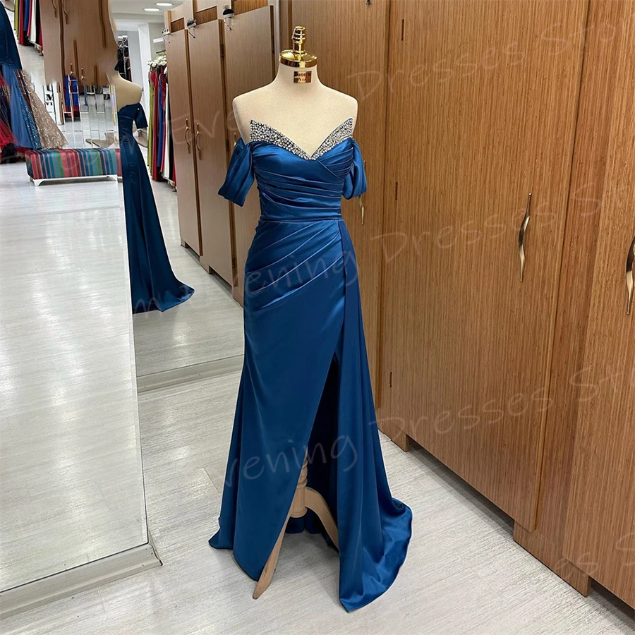 Fascinating Blue Mermaid Popular Women's Evening Dresses Sexy Sleeveless Prom Gowns Modern Side Split Beaded Vestido De Noche