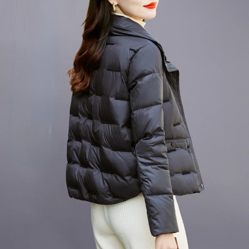 Black Short Down Jacket Women Winter 2023 New Small Fashion Thin White Duck Down Stand Collar Thickened Coats Straight Clothing