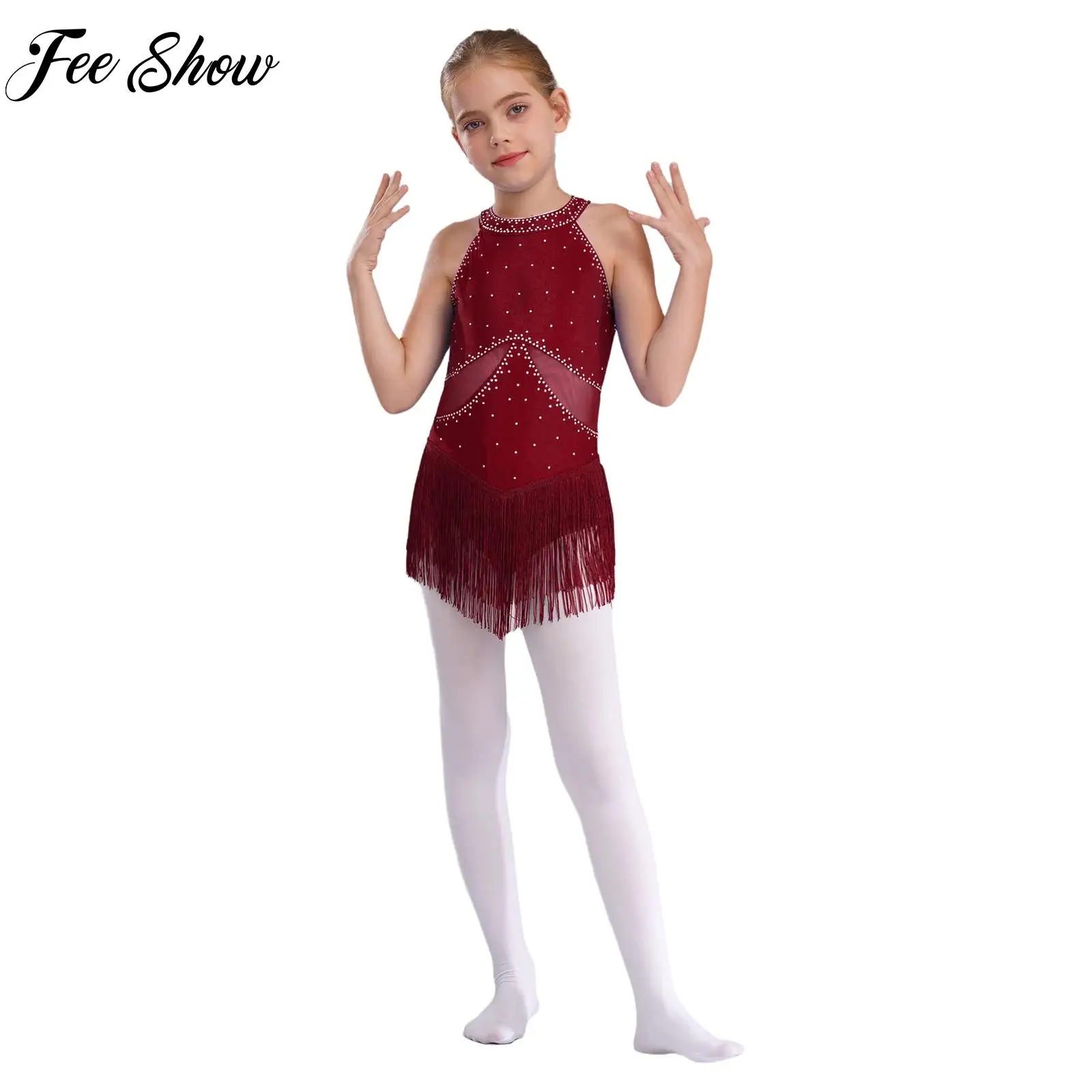 

Children Girls Shiny Rhinestones Latin Dance Leotard Dress Sheer Mesh Tassel Bodysuit Figure Skating Dance Performance Costumes