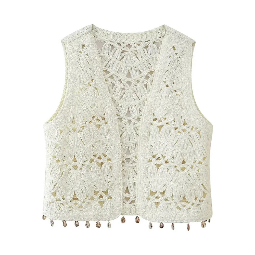 LIBIELIY Women's Shell Decoration Knitted Tank Top Solid Color Hollow Decoration Spring/Summer New Product Women's Wear