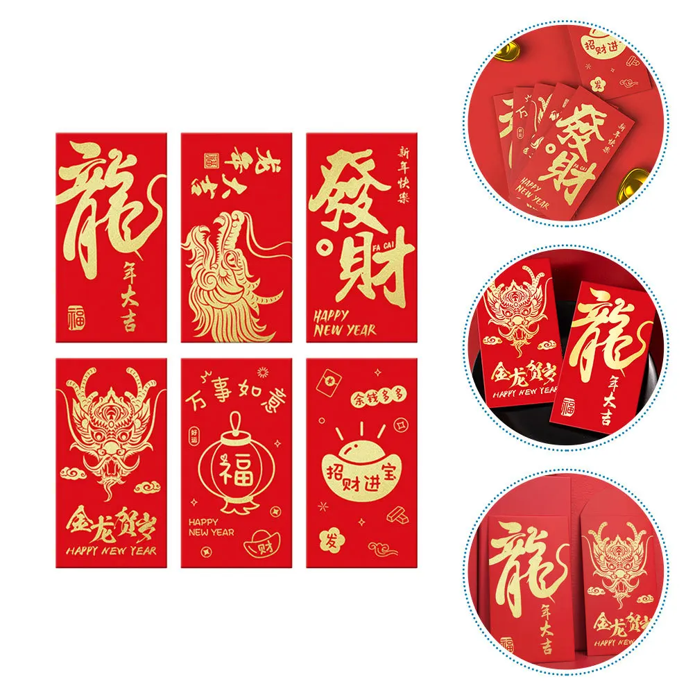 

6Pcs Spring Festival Red Envelopes Traditional Chinese Gold Foil Money Pouches New Year Gift Red Envelopes Dragon Year Envelope
