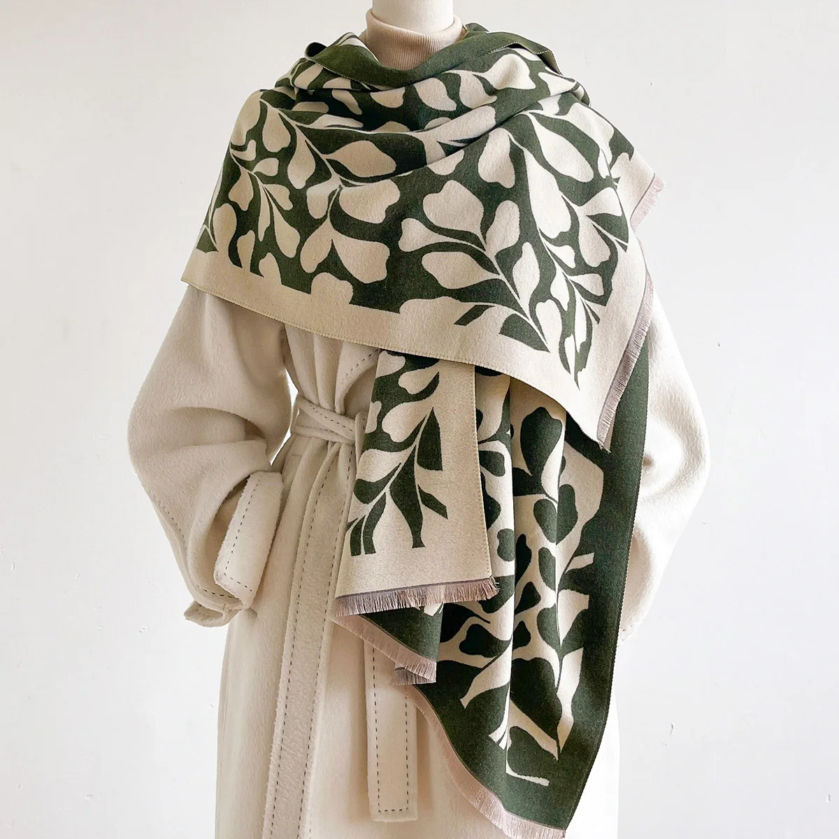 Scarf Women Shawl Pashmina Wrap Cape FauxCashmere Floral Jacquard Leaf Pattern Neckwarmer Stole Travel Outerwear Autumn Vintage