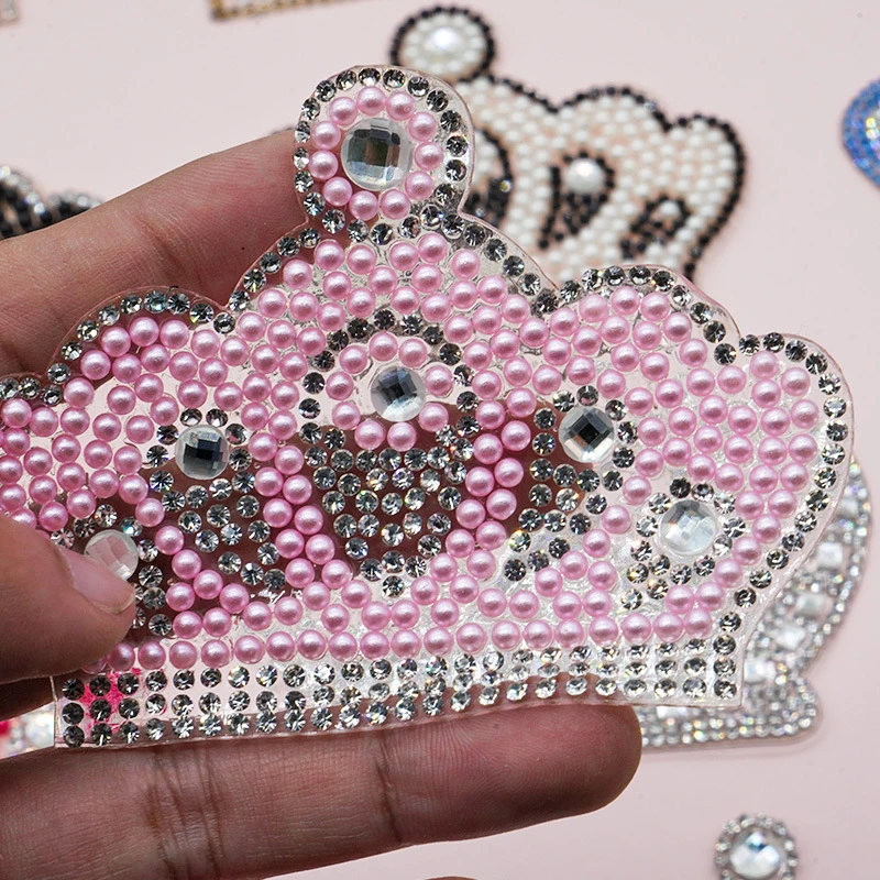 Pearl Crystal Rhinestone crown Patches for Clothing Iron on Clothes Appliques Badge Stripes Fabric Sticker Apparel Accessories