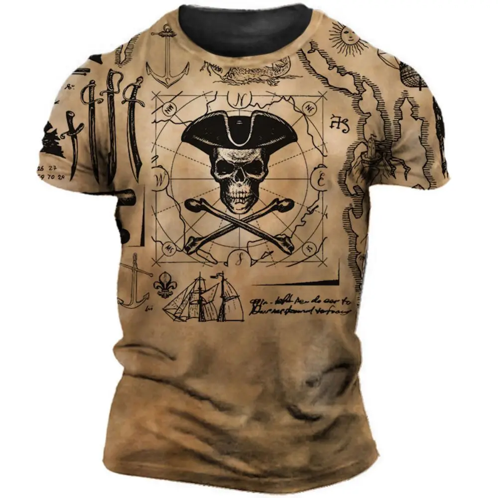 Vintage Men's Short Sleeve Shirt Compass Print T-shirt Nautical Tops Summer O-Neck Sweatshirt Tees Designer Daily Mens Clothing image 4