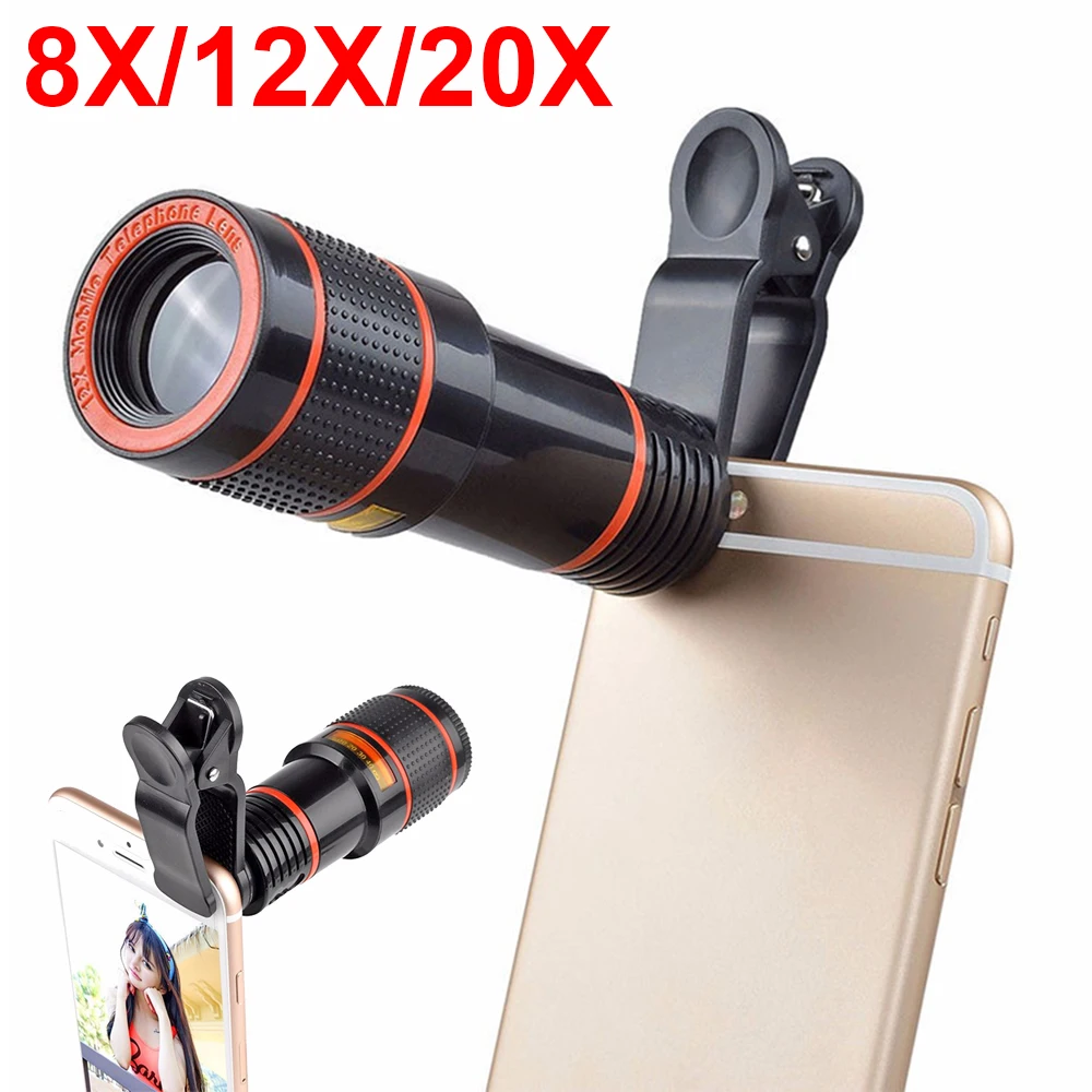 20/12/8x Optical Zoom Camera External Telescope Lens with Clip Universal Phone Camera Lens Wide Angle for iPhone Xiaomi Watching