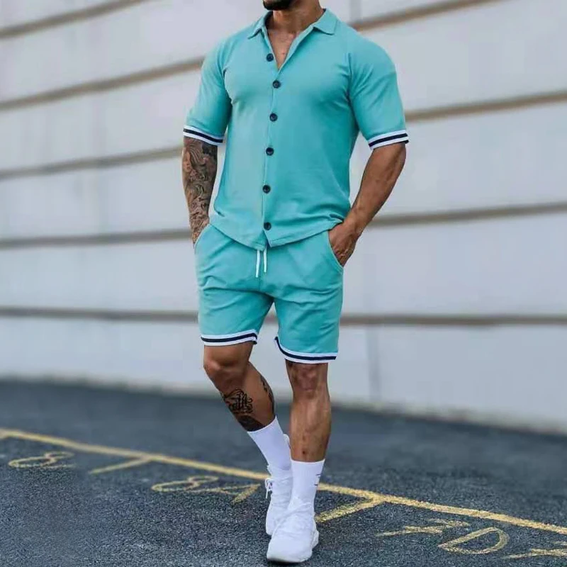 2023 Popular Men\'s Summer Polo Cardigan Solid Short Sleeve Shorts Two Piece Casual Set