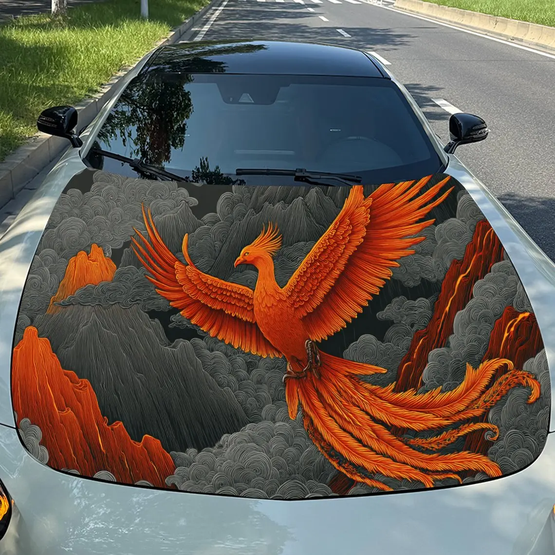 

Mythical Phoenix Flame Thrill PVC Car Engine Hood Vinyl Wraps, Self-Adhesive Waterproof Car Hood Decal Sticker, Car Decoration P