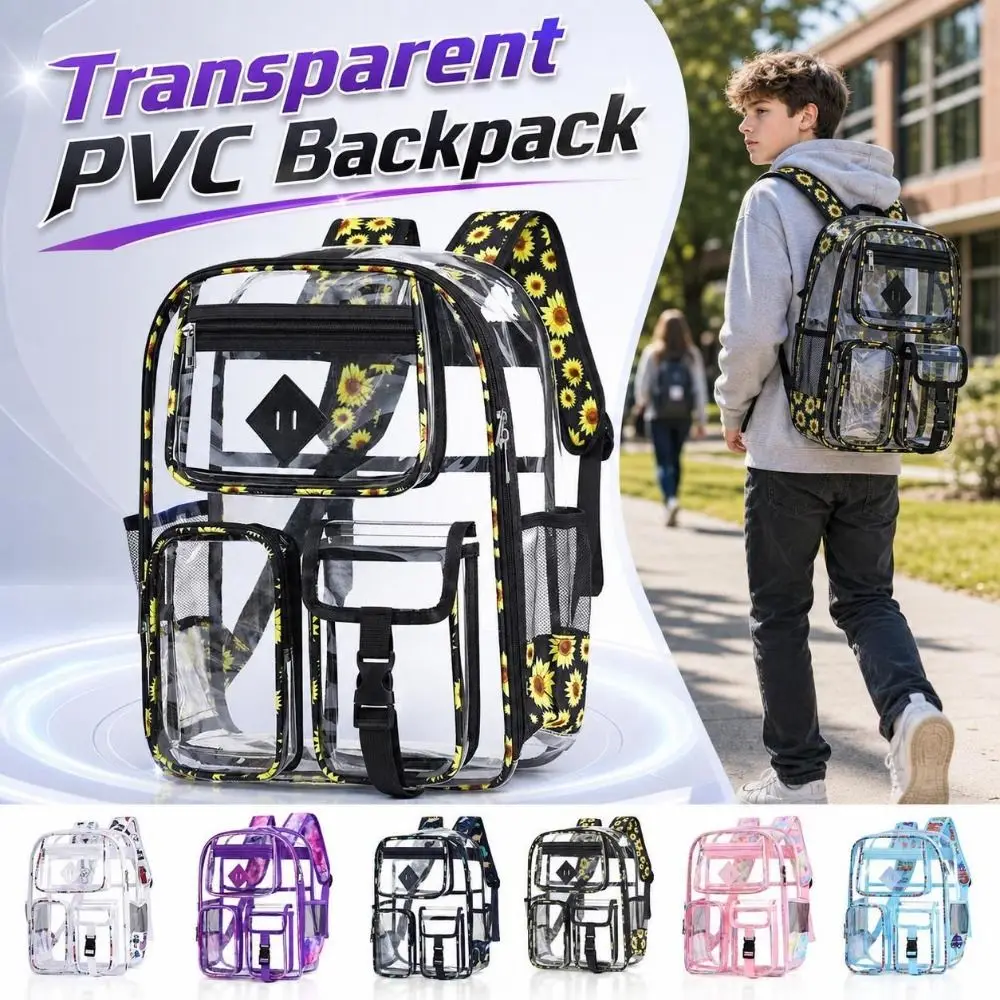 Mult-Pocket Clear PVC Backpack Waterproof Transparent School Backpack Wear-Resistant Lightweight See-Through Bookbag