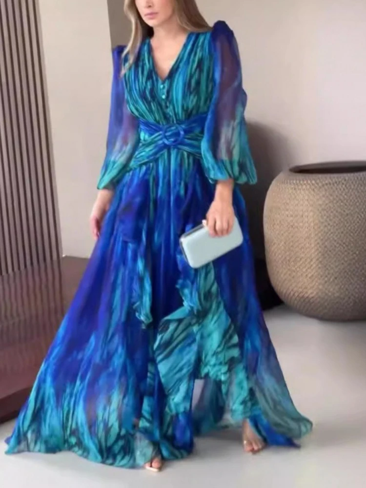 2025 Abito estivo in chiffon con stampa a vita alta con scollo a V a trapezio Abiti stile vintage Abito da sera maxi da ufficio a maniche lunghe per le donne