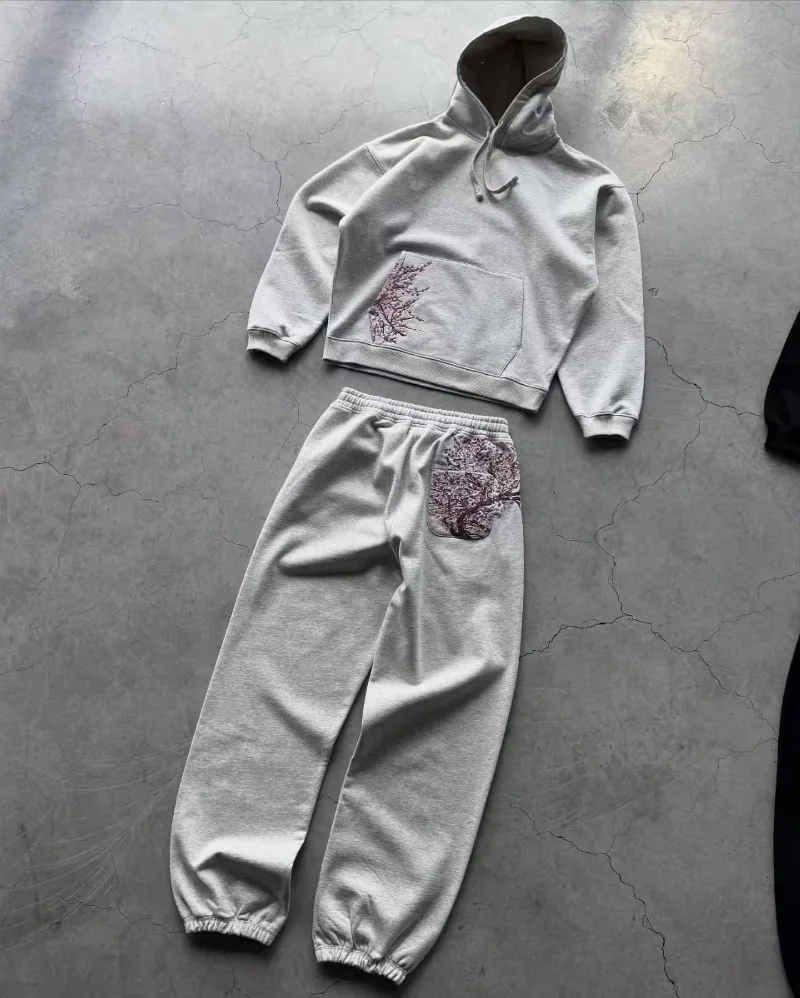 Y2K موضة شارع العليا زهر الكرز التطريز النساء الرجال هوديي شخصية علوية فاسق بدلة رياضية المتضخم بلوزة كاجوال