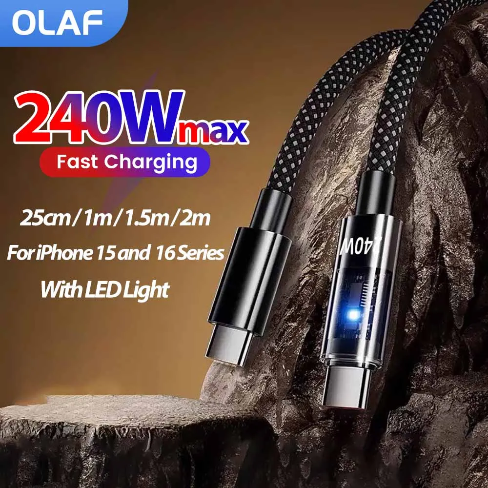 

240W 6A USB to Type C Super Fast Charging Cable 25cm-2m LED PD C to C Mobile Phone Data Cable For iPhone 15 16 Samsung Xiaomi