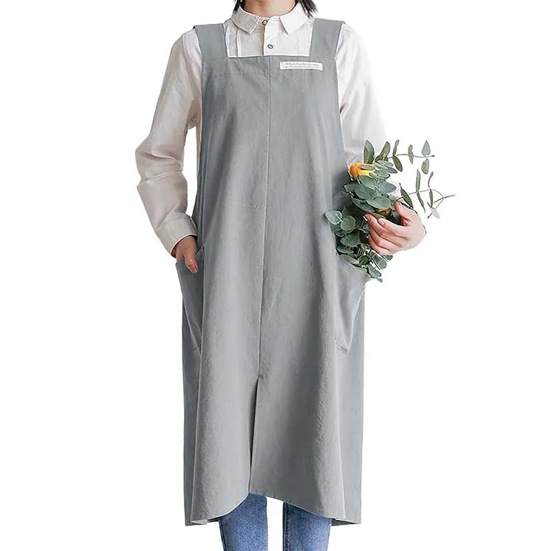 Kitchen Washable Cotton Linen Cross Back Apron with Pockets Women Men's Long Split No-ties Pinafore for Cooking Cleaning Baking