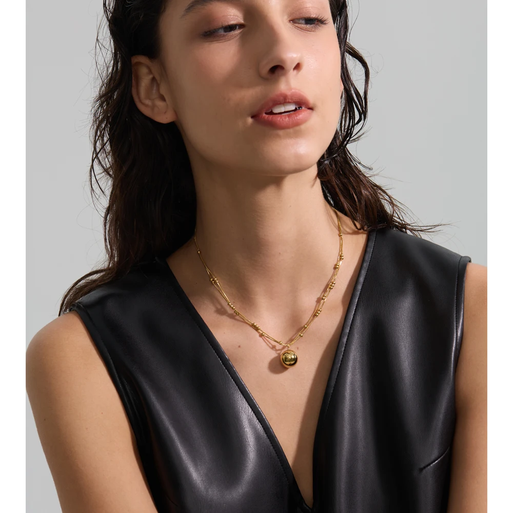 Yhpup-Cadena de doble capa de acero inoxidable, colgante redondo apilable, Collar resistente al agua chapado en oro y platino de 16K, joyería