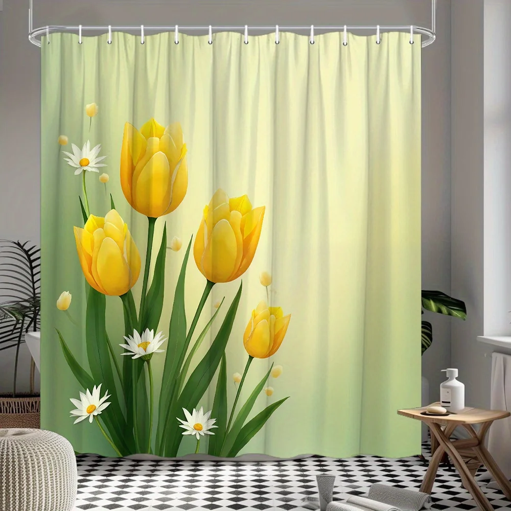 

Ярко-желтая занавеска для душа с тюльпанами и цветами ромашек на зеленом фоне для свежего весеннего декора ванной комнаты, веселый цветочный узор.