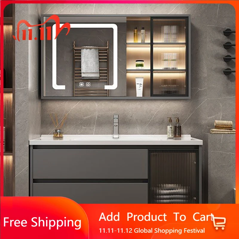 

Bathroom Cabinet Vanity with Ceramic Integrated Sink Storage Combination with Mirror Cabinet Lacquered Bathroom Toilet Furniture
