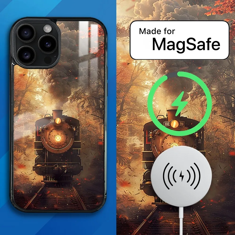 

Classic Steam Train Railway Magnetic Phone Case For iPhone 15 14 13 12 11 Pro Max Plus Mini Mirror Wireless Magnetic Cover Funda