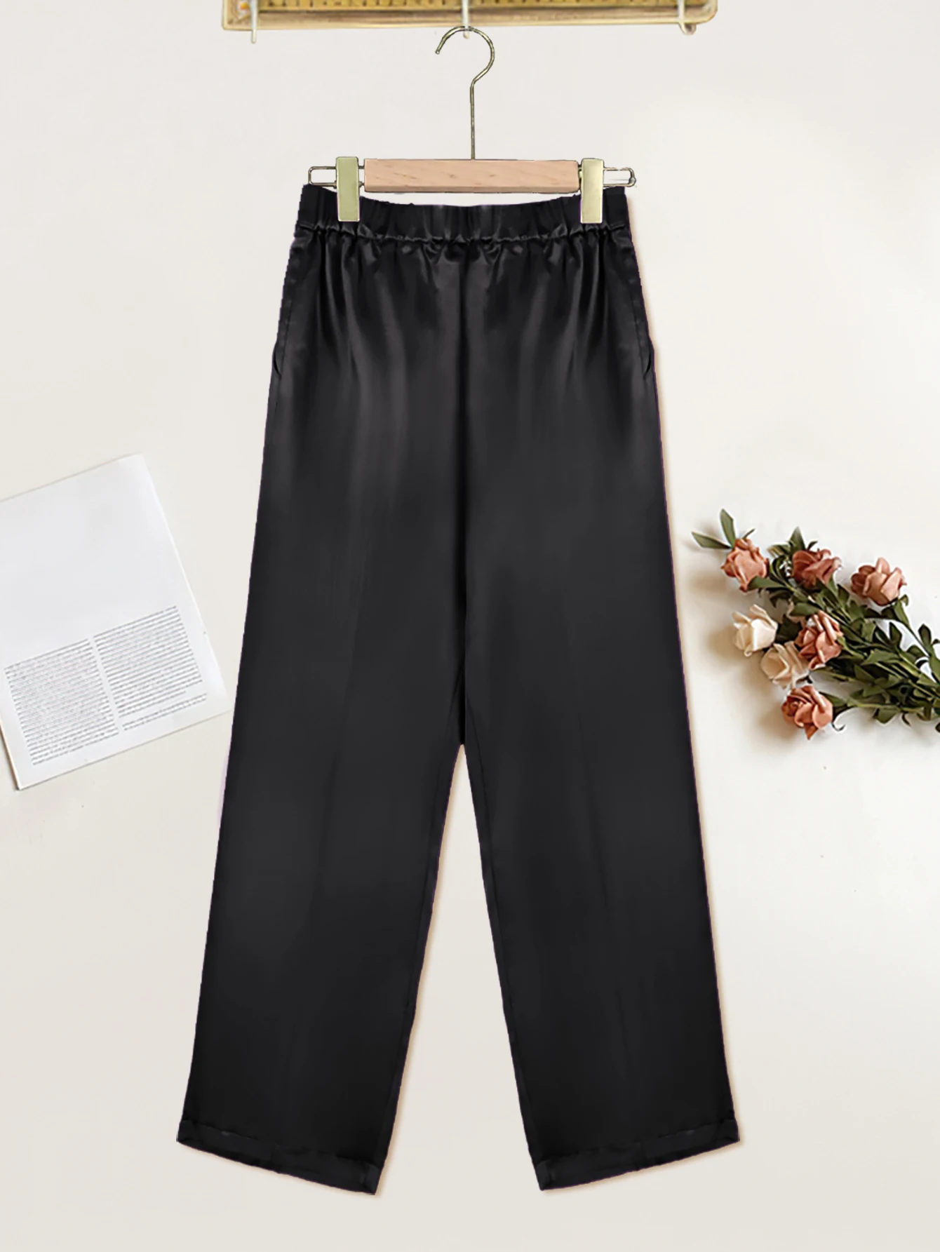 Black Pants for Women High Elastic Waist Office Lady Work Calf Length Casual Pencil Capris with Pockets Summer Shiny Trousers