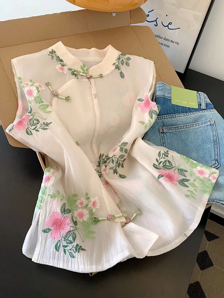 

New Chinese Sle Embroidered Stand Collar ort Sve Women's irt Summer Loose Slimming Top Trendy Commute Ele