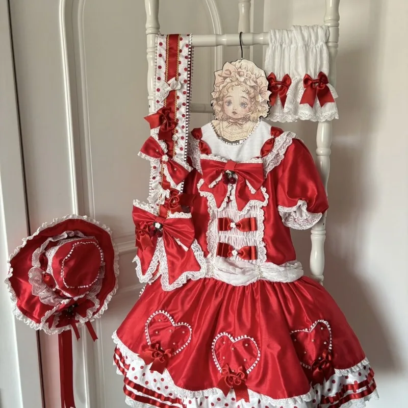 Strawberry Sweet Lolita OP Dress Red Heart Embroidery Multi Lace Ruffle Big Bow Decor Kawaii Princess Harajuku Costume with Hat