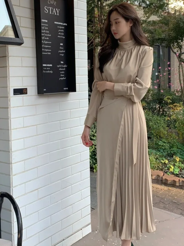 Ele Frühjahr Neue Sle High-End Stehkragen Sa Taille Abnehmen Plissee Lange Dr Frauen Faionable Chinesische Marke D...