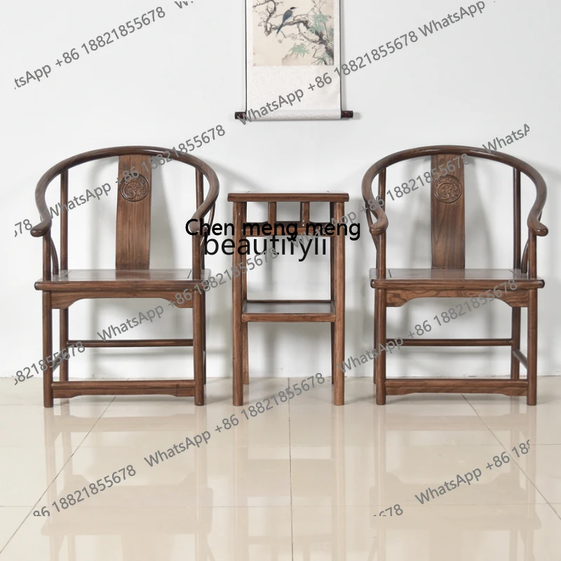 New Chinese Style round-Backed Armchair Three-Piece Set Antique Solid Wood Old Elm Hotel Sofa Chair Log Seat
