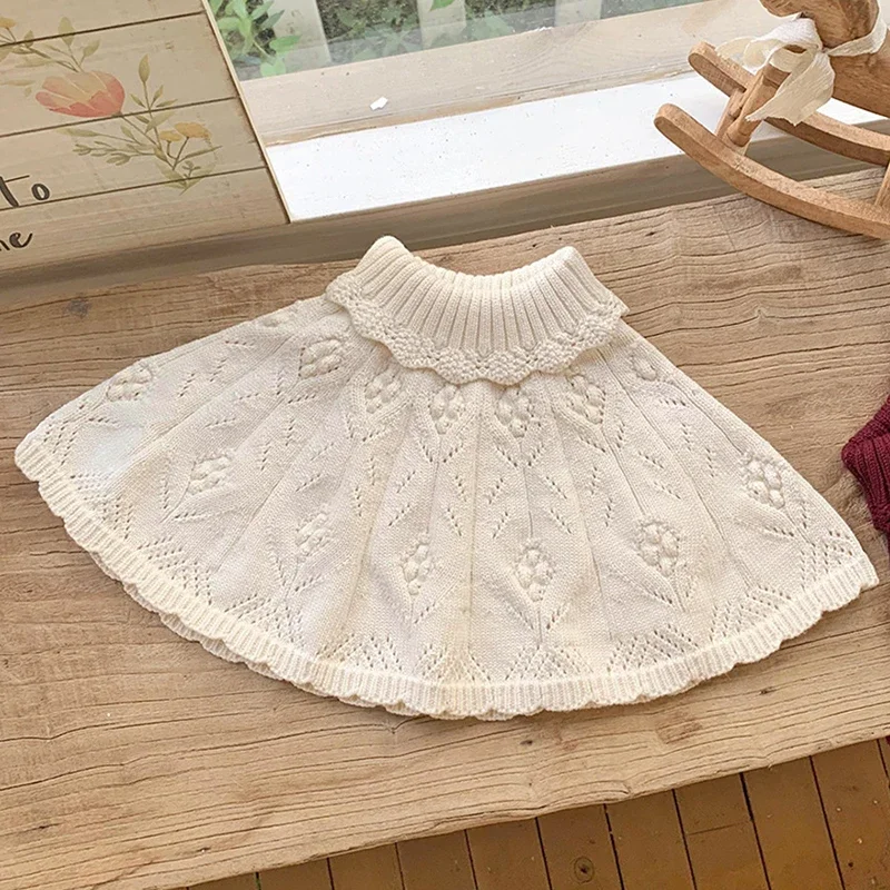 New Christmas Winter Toddlers Girls Knitted Sweaters Cloaks Turtleneck Hollow Out Autumn Korean Style Baby Kids Princess Shawl