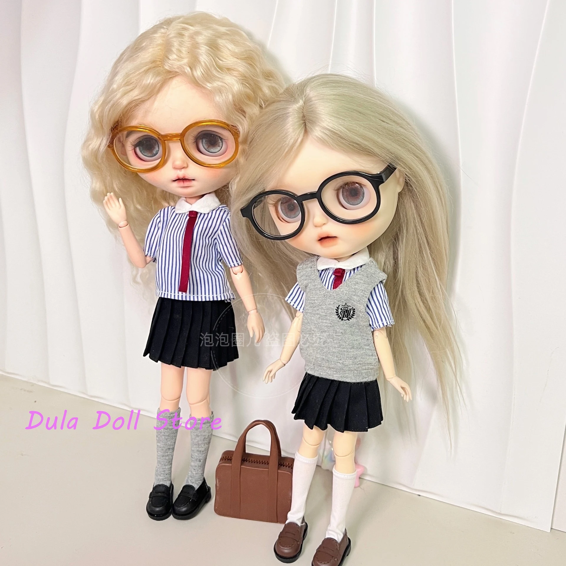 Dula Puppenkleidung Kleid Campus-Stil gestreifter weißer Kragen graue Weste sk ob24 ob22 Azone Licca ICY JerryB 1/6 Bjd Puppenzubehör