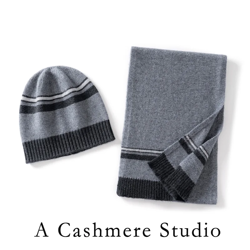 Cashmere Scarf Hat Set of 2 Unisex Fashion Striped Warm Beanie+Scarf Winter Outdoor Warm Knitted Scarves And Hats For Men/Women
