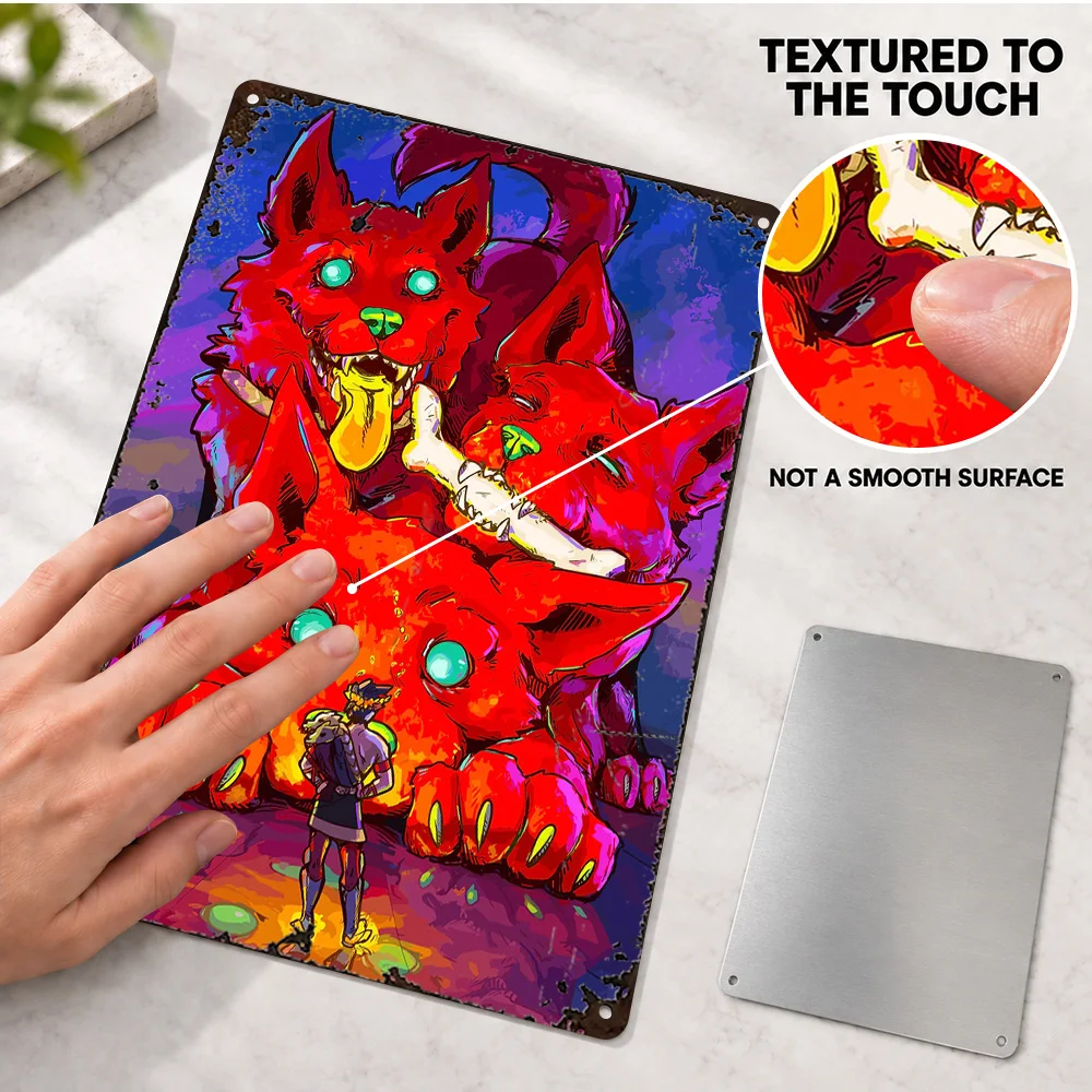 Hades And Cerberus Textured Metal Poster Personalized Aluminum Sign Vivid Neon Digital Illustration Wall Art For Gaming Room