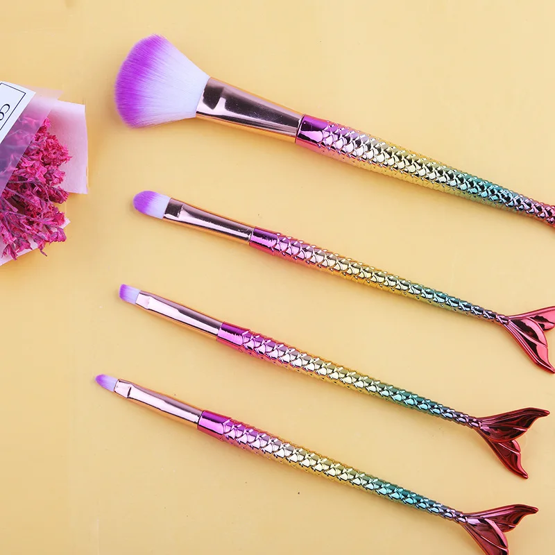 Mermaid Makeup Brushes Set, pó cosmético, sombra de olho, base, pincel de blush, beleza macia Make Up Tool, 6 gradiente de cor