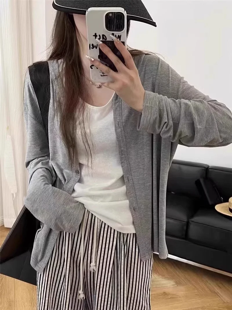 

Gray Ice Silk Open Cardigan Women's Loose Lazy Style V-Neck Long Sleeve Thin Sun Protection Air Conditioning Top