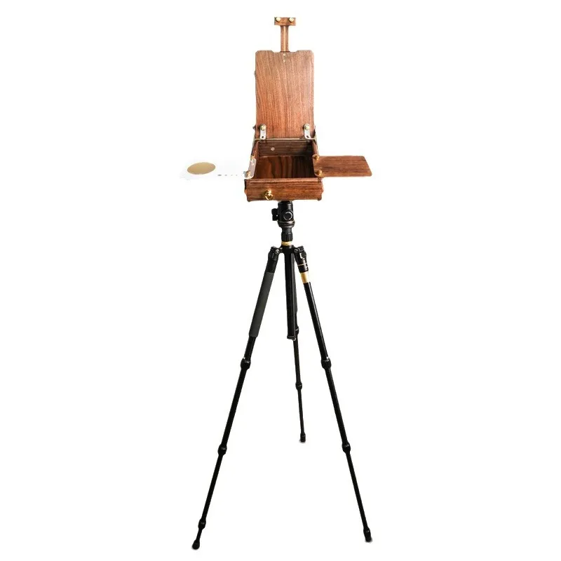 

Black walnut watercolor box, art sketching mini picture box, portable retractable gimbal removable bracket
