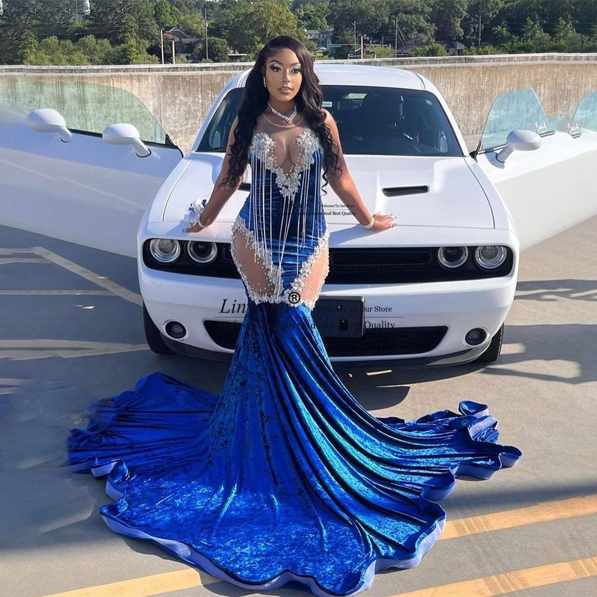 

Sparkly Prom Dresses Mermaid Velvet Customized Halter Glitter Rhinestone Vestidos De Gala Party Gowns For Black Girls