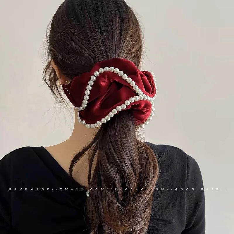 fashion red velvet scrunchie for women big hair rubber band girl elastic pearl hair tie oversize hair rope black giant scrunchie