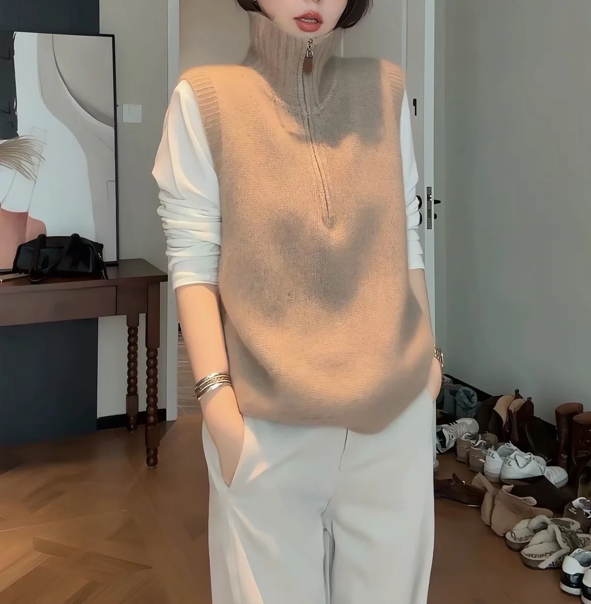Autumn and winter thickened 100% pure wool sweater high collar half zipper knitted vest women's gray layering versatile outer ve