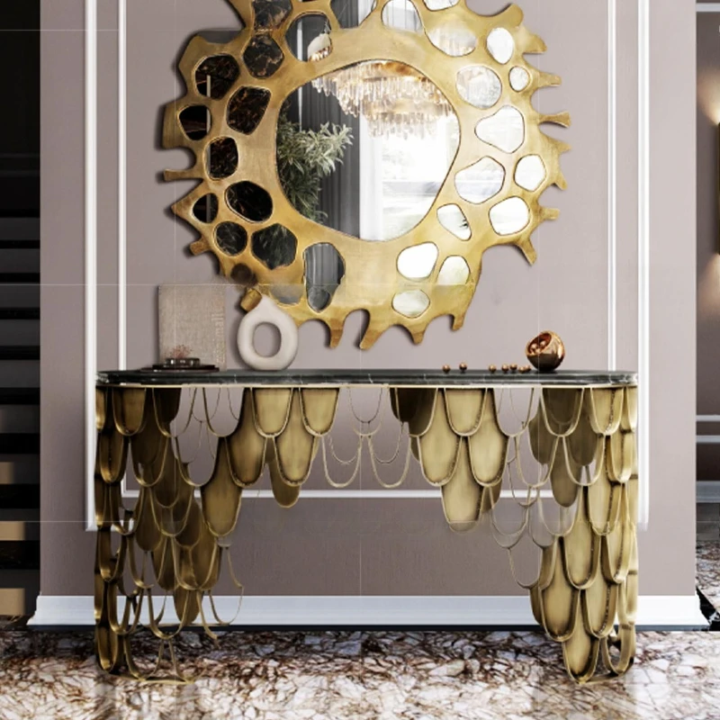 

Italian light luxury marble home end view table modern high-end art fish scale stainless steel entrance table