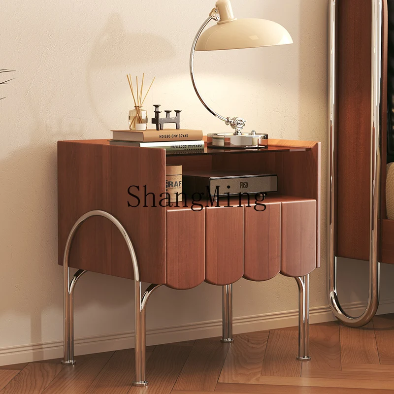 

HJ new solid wood bedside table bedroom household small storage stainless steel bedside locker