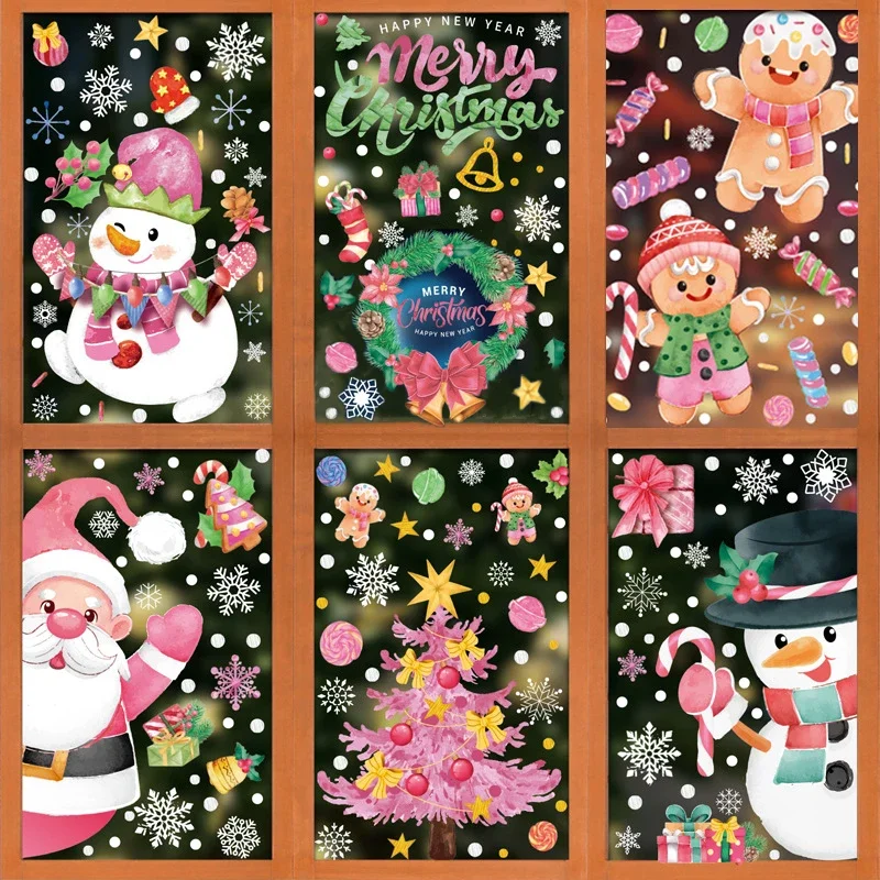 Cartoon Christmas Window Sticker Gingerbread Man Santa Claus Snowman Glass Static Sticker Shopping Mall Glass Window Decor Film