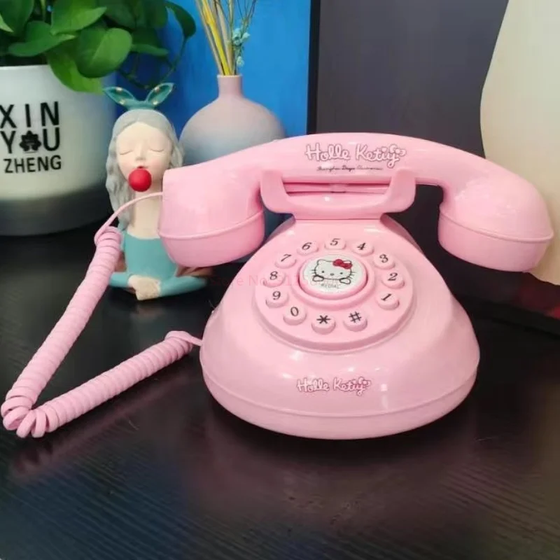 Anime Sanrio Kawaii Antique Corded Landline Telephone Hello Kitty Pink Creative Cute Retro Without Birthday Gift Toys